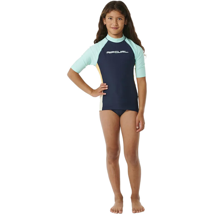 2024 Rip Curl Girls Block Party Short Sleeve Rash Vest 12QGRV - Navy